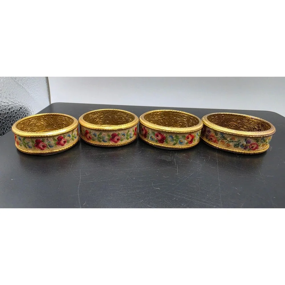 Vintage Petit Point Floral Napkin Rings Set of 4 Gold Tone Engraved Metal Rose